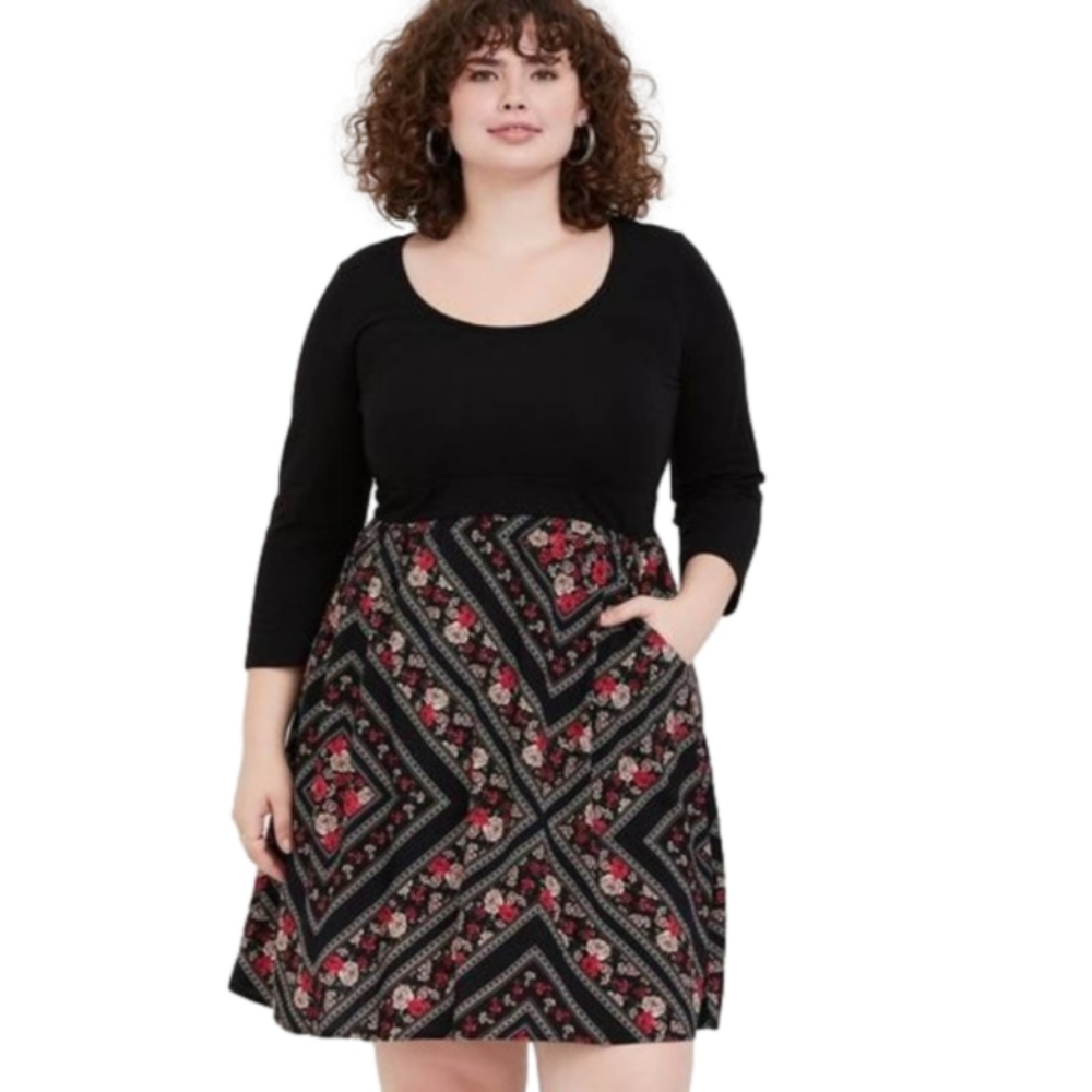 Torrid Swiss Alps Mini Challis And Knit Skater Dress Black and floral plus sz 5X